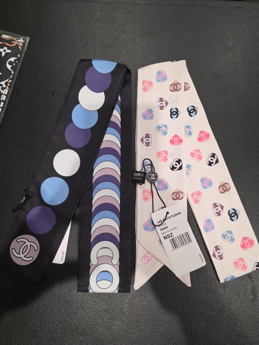 CHANEL Pink & Black Silk Twilly Duo with Blue and Purple Motifs